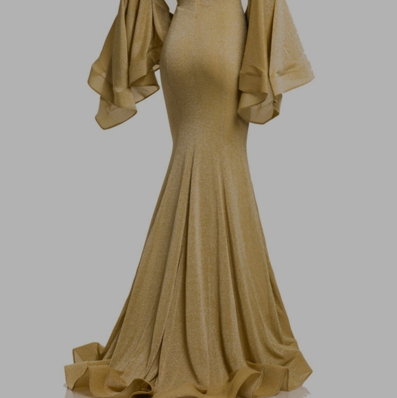 JOHNATHAN KAYNE Yellow Gold lame cold shoulder long sleeve pageant prom dress 2 - Picture 6 of 6